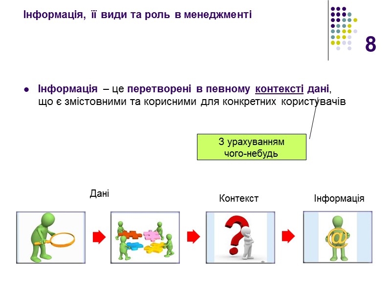 8 Інформація, її види та роль в менеджменті  Інформація – це перетворені в